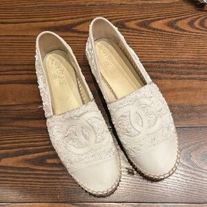 CHANEL Sequin White Espadrilles with Iconic CC Logo
